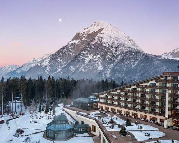 Enjoy a beautiful winter sunset at the Interalpen-Hotel Tyrol Sunset at the Interalpen on a quiet winter day