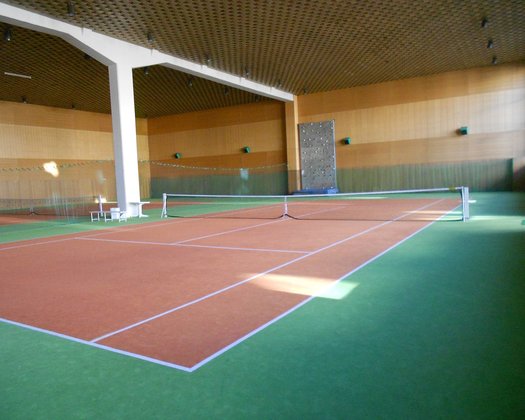 Einblick in die leere Tennishalle mit rotem Spielfeld
